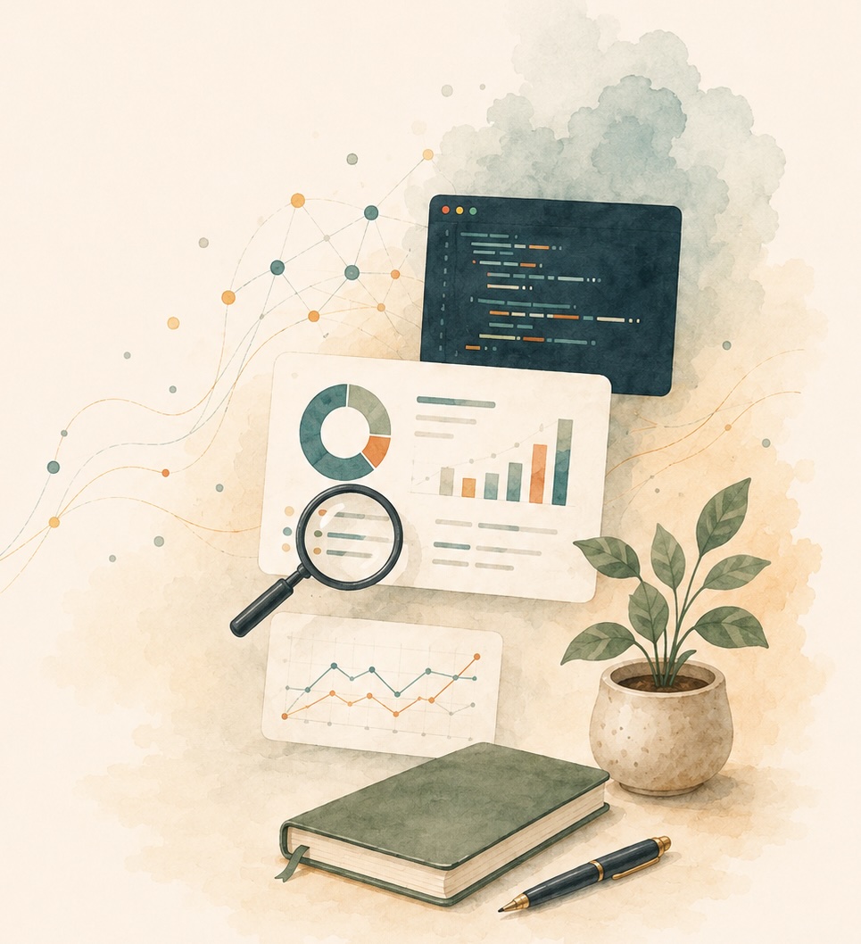 Watercolor illustration of dashboards, a magnifying glass, a notebook, and a plant — tools of sensemaking
